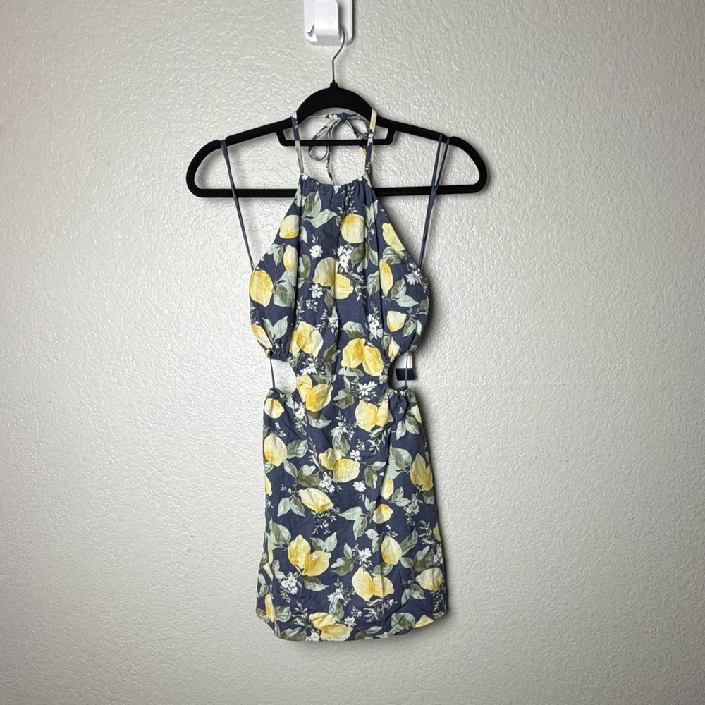 Abercrombie & Fitch Lemon Print Linen Blend Halter Dress - Blue and Yellow